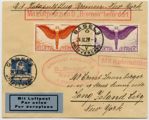 Katapult 1929 Schweiz Brief Dampfer Bremen Bern Long Island Catapult H 7 a/ 2160