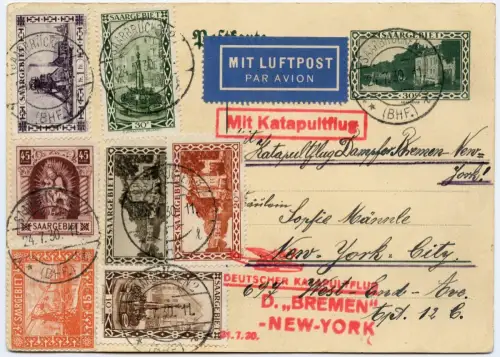 Katapult 1930 Saargebiet Ganzsache ZuF Saarbrücken New York Catapult H 20 / 2161