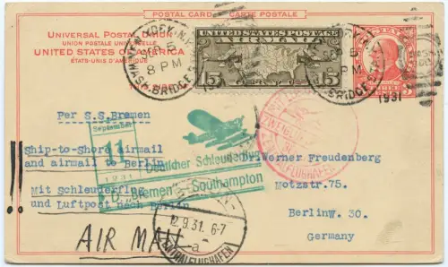 Katapult 1931 USA Ganzsache ZuF Dampfer Bremen Berlin Catapult H 70 a / 2174