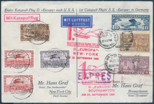 Katapult 1930 Saargebiet USA Kombi-Brief Express NY Catapult H 31 + 32 / 2176