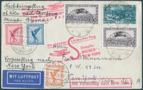 Katapult 1931 Saargebiet Nachbringeflug Köln Brief USA Catapult H 44 c / 2177