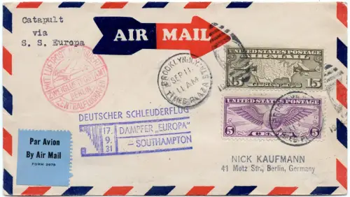 Katapult 1931 USA Brief Dampfer Europa Brooklyn Berlin Catapult H 71 a / 2181