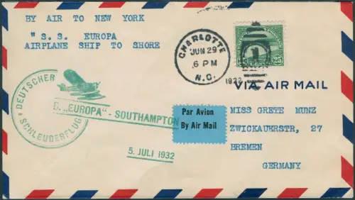 Katapult 1932 USA Brief Dampfer Europa Charlotte Bremen Catapult H 90 a / 2182