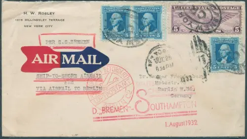 Katapult 1932 USA Dampfer Bremen New York Berlin Brief Catapult H 96 a / 2183