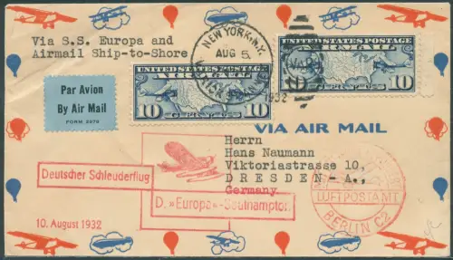 Katapult 1932 USA Dampfer Europa New York Dresden Brief Catapult H 98 a / 2184