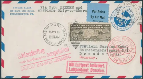 Katapult 1933 USA New York Dresden Flugausfallstempel Catapult H 116 a / 2186