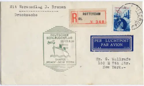Katapult 1934 Niederlande Dampfer Bremen Reko-Brief NY Catapult H 173 / 2191