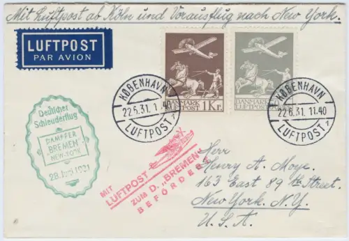 Katapult 1931 Dänemark Nachbringeflug Top-Frankatur NY Catapult H 52 c / 2206