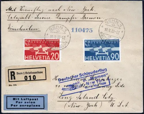 Katapult 1932 Schweiz Reko-Brief Bern USA Dampfer Bremen Catapult H 79 / 2207