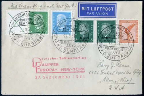 Katapult 1931 Dt. Reich Dampfer Europa Seepost Akron USA Catapult H 74 b / 2214