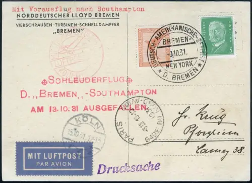 Katapult 1931 Dt. Reich AK Dampfer Bremen Köln Pforzheim Catapult H 76 c / 2215