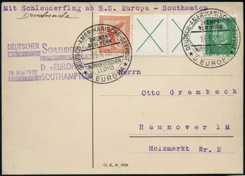 Katapult 1932 Dt. Reich Dampfer Europa Seepost Hannover Catapult H 78 c/ 2216