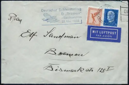 Katapult 1932 Dt. Reich Dampfer Bremen Seepost Bremen Catapult H 80 c / 2218