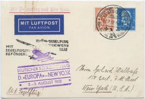 Katapult 1932 Dt. Reich Segelflug Rhön Kombi-Karte New York Catapult H 97 / 2220