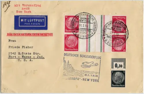 Katapult 1935 Dt. Reich Dampfer Europa Top-Frankatur KZ 19 Catapult H 203 b/2221