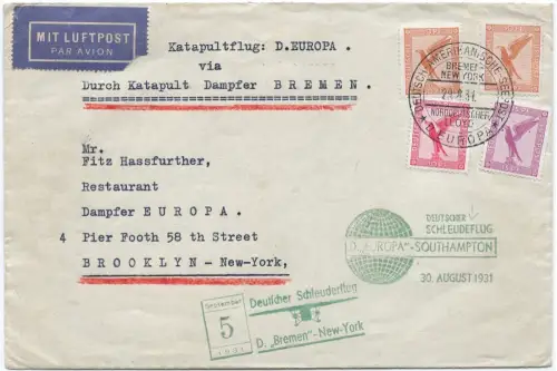 Katapult 1931 Dt. Reich Kombi-Beleg Seepost Brooklyn Catapult H 67 + 68 / 2228