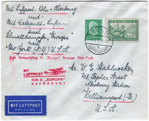 Katapult 1930 Dt. Reich Kein Katapultflug 7.8.30 Nachbringeflug H 0029 a / 2231