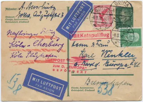 Katapult 1930 Dt. Reich Gotha Nachbringeflug Köln Dampfer Europa Graue K47a/2234