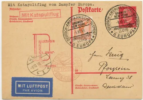 Katapult 1930 Dt. Reich Seepost Flugpost Köln Pforzheim Karte Catapult 35 b/2235