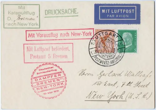 Katapult 1931 Dt. Reich Dampfer Bremen SST Stuttgart New York PK H 40 a / 2236