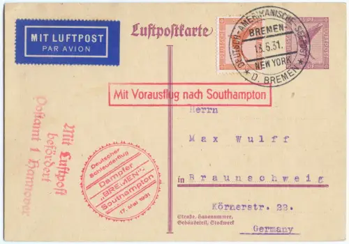Katapult 1931 Dt. Reich Dampfer Bremen Seepost Braunschweig Catapult H 42 c/2239