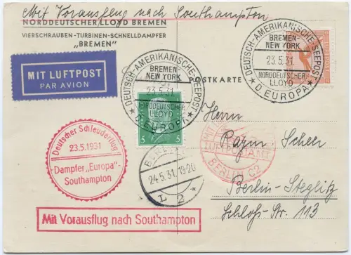 Katapult 1931 Dt. Reich Dampfer Europa Seepost Berlin AK Catapult H 43 c / 2240