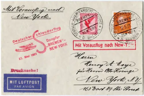Katapult 1931 Dt. Reich Dampfer Bremen Seepost New York Catapult H 44 b / 2241
