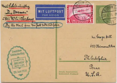 Katapult 1931 Dt. Reich Dampfer Bremen Zeppelin 1 RM Philadelphia H 52 a / 2245