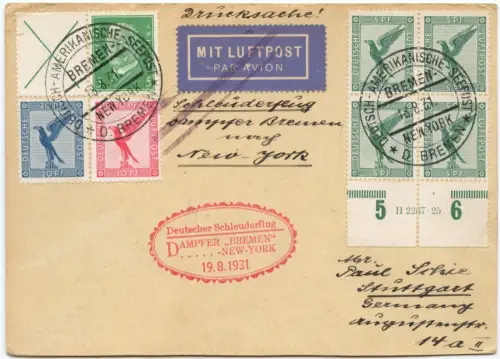 Katapult 1931 Dt. Reich D. Bremen Seepost HAN Stuttgart Catapult H 64 b / 2247