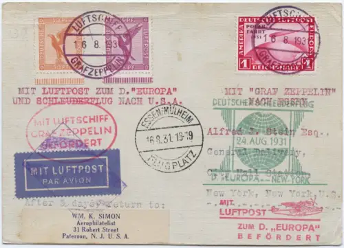 Katapult + Zeppelin 1931 Dt. Reich Bordpost Essen 1 RM Polarfahrt NY H 65 c/2248