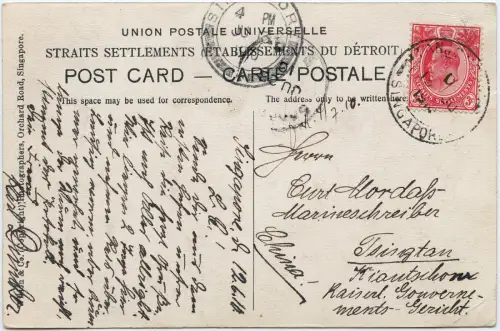 Kiautschou 1910 Tsingtau Incoming AK Straits Settlements Singapur Shanghai / 428