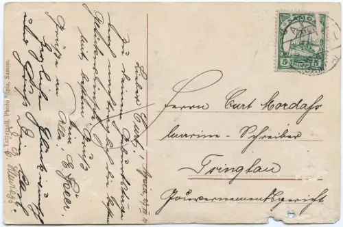 Kiautschou 1910 Tsingtau Incoming Mail aus Apia AK Gruss aus Samoa / 431