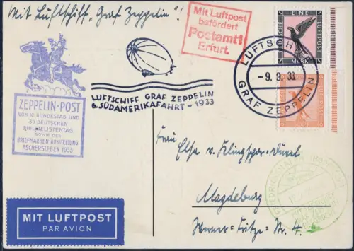 Zeppelin 1933 Dt. Reich 6. SAF Bordpost SST Aschersleben AK Si 229 D / 2608