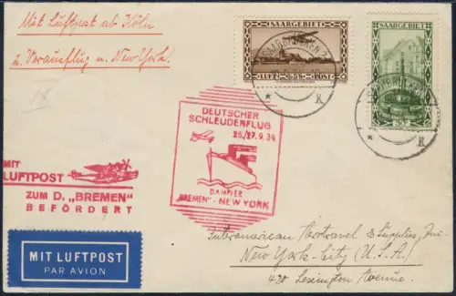 Katapult 1934 Saargebiet Nachbringeflug Köln Brief USA Catapult H 181 c / 2255