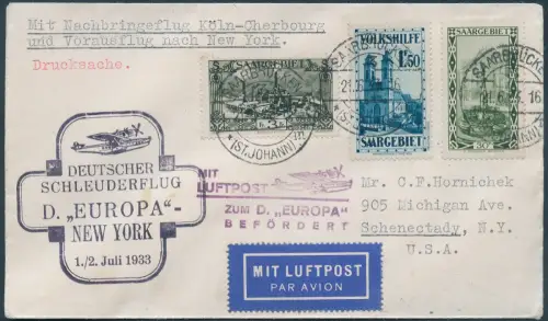 Katapult 1933 Saargebiet Dampfer Europa Nachbringeflug USA Catapult H 125 c/2257