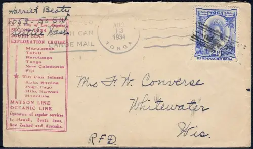 Tonga 1934 Tin Can Mail Blechdosenpost Brief City of LA Niuafo`ou USA / 1038