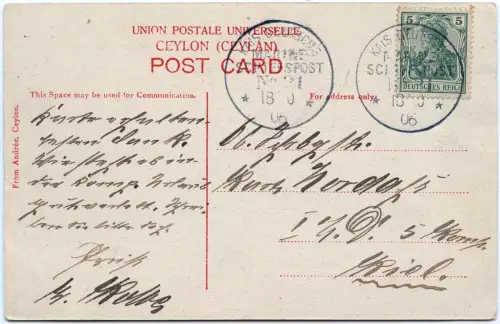 Dt. Marine-Schiffspost 1906 MSP 21 SMS Leipzig Colombo Ceylon Kiel / 2264