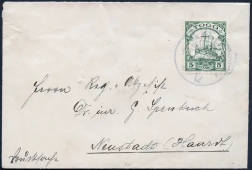 Togo 1912 Brief mit EF 5 Pfennig Yacht Drucksache Agu Neustadt Haardt  RAR / 121