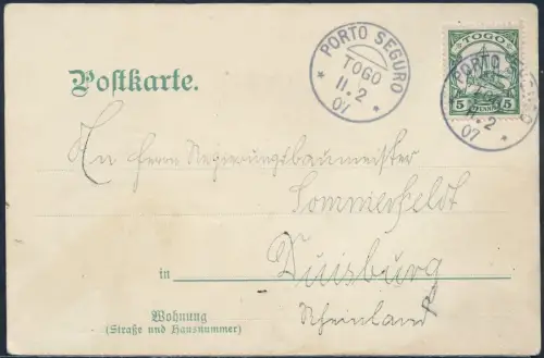 Togo 1907 EF Kaiseryacht 5 Pf Porto Seguro 11.2.07 Duisburg Postkarte / 124