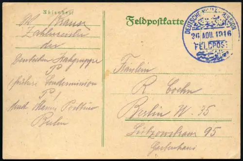 Dt. Militärmission Türkei 1916 PK Feldpost blau Mossul Zahlmeister Berlin / 98