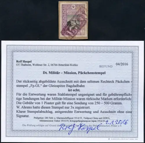 Dt. Militärmission Türkei Päckchen-Stempel Gleisspitze Bagdadbahn BPP RAR / 145