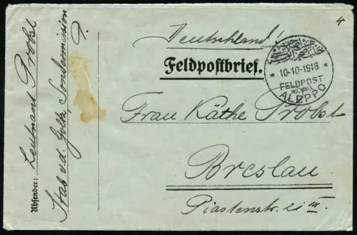 Dt. Militärmission Türkei 1916 Brief Sondermission v. d. Goltz Aleppo Breslau/84