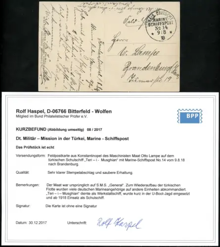 Dt. Militärmission Türkei 1918 AK MSP 14 Schulschiff Teri-i-Musghian BPP / 164