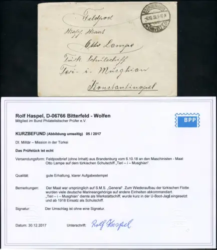 Dt. Militärmission Türkei 1918 Feldpost an Schulschiff Teri-i-Musghian BPP / 166