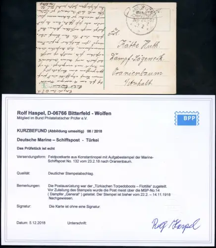 Dt. Militärmission Türkei 1918 AK via MSP 132 Torpedoboots-Flottille KB BPP/ 206