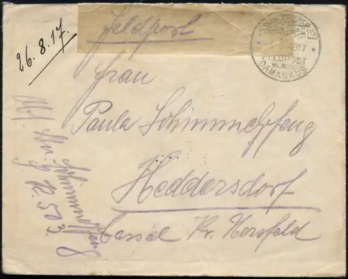 Dt. Militärmission Türkei 1917 Feldpostbrief Damaskus Homs nach Heddersdorf / 11