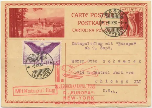 Katapult 1930 Schweiz Dampfer Europa Erstflug Basel Chicago Catapult H 31/ 2279