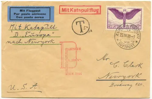 Katapult 1930 Schweiz Dampfer Europa Zürich New York Taxe Catapult H 35 / 2280
