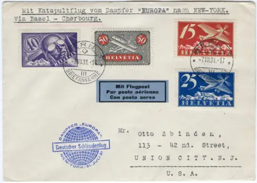 Katapult 1931 Schweiz Dampfer Europa Bern Union City Brief Catapult H 58 / 2281