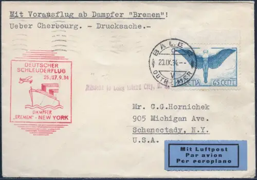Katapult 1934 Schweiz Dampfer Bremen Bale Schenectady Brief Catapult H 181/ 2282